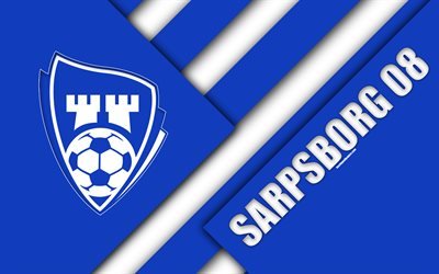 Sarpsborg 08 FC, 4k, il logo, il design dei materiali, norvegese football club, emblema, blu, bianco asbtracy, Eliteserien, Sarpsborg, Norvegia, calcio, geometrica, sfondo, centro di Sarpsborg 08 Fotballforening