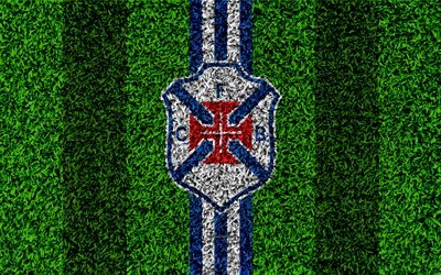 CF Belenenses, 4k, logo, football lawn, Portuguese football club, blue white lines, Primeira Liga, Lisbon, Portugal, football, Belenenses fc