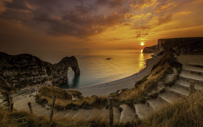 Durdle Door, 4k, sunset, Englannin Kanaalin rannikolla, kallioita, rannikolla, Dorset, Englanti, UK