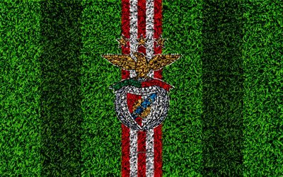 Benfica FC, 4k, logo, futbol &#231;im, Portekiz Futbol Kul&#252;b&#252;, kırmızı beyaz &#231;izgiler, Ilk Lig, Lizbon, Portekiz, futbol, SL Benfica