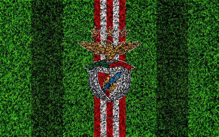 Il Benfica FC, 4k, logo, calcio prato, portoghese club di calcio, rosso, bianco, linee, Primeira Liga, Lisbona, Portogallo, il calcio, l&#39;SL Benfica