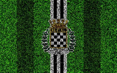 Boavista FC, 4k, logo, football lawn, Portuguese football club, black and white lines, Primeira Liga, Porto, Portugal, football