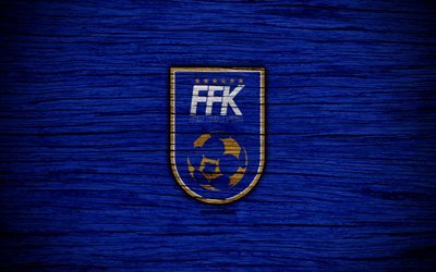 4k, Kosovo national football team, logo, UEFA, Europe, football, wooden texture, soccer, Kosovo, European national football teams, Kosovo Football Federation