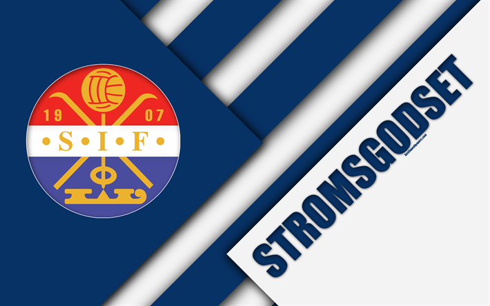 Stromsgodset SI, 4k, le logo, la conception de mat&#233;riaux, norv&#233;gien, club de football, l&#39;embl&#232;me, le bleu, le blanc de l&#39;abstraction, de Eliteserien, Drammen, Norv&#232;ge, de football, de la g&#233;om&#233;trie de fond, Stromsgodse