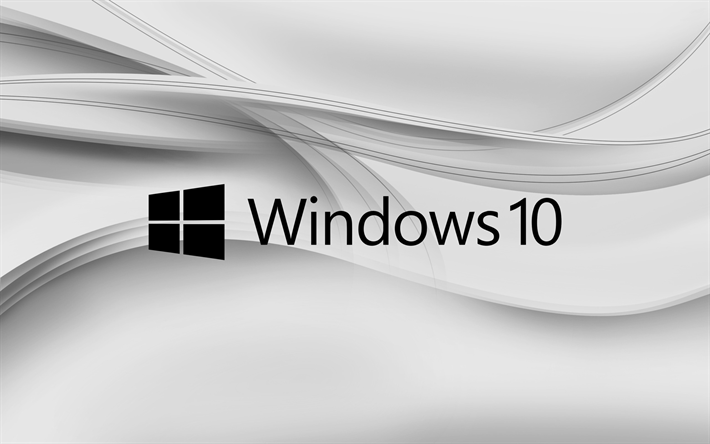 Windows 10, fond gris, abstraits, vagues, le logo Windows, Microsoft