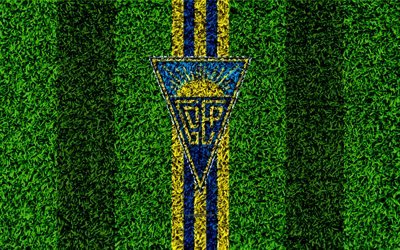 GD استوريل برايا, 4k, شعار, كرة القدم العشب, البرتغالي لكرة القدم, الأزرق الخطوط الصفراء, الدوري الأول, استوريل, البرتغال, كرة القدم, استوريل fc
