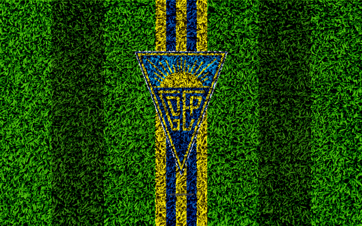 GD Estoril Praia, 4k, logo, football lawn, Portuguese football club, blue yellow lines, Primeira Liga, Estoril, Portugal, football, Estoril fc