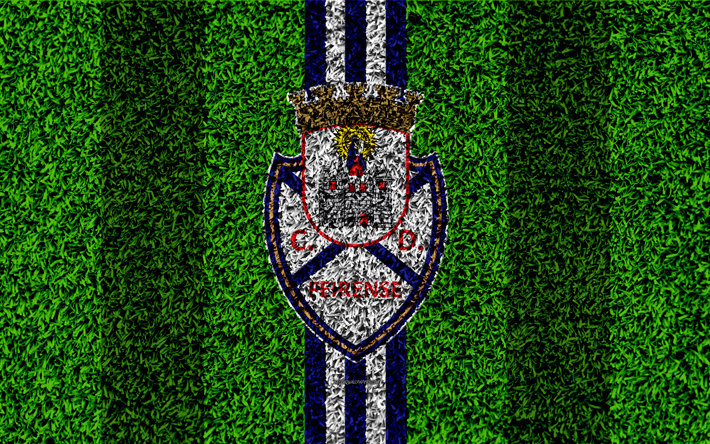 CD Feirense, 4k, logo, calcio prato, portoghese football club, blu, bianco, linee, Primeira Liga, Feira, Portogallo, calcio Feirense fc