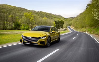 Volkswagen Arteon R-Line, 4k, road, 2019 cars, motion blur, golden Arteon, VW Arteon, Volkswagen