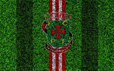 FC Pacos de Ferreira, 4k, logo, football lawn, Portuguese football club, red white lines, Primeira Liga, Pacos de Ferreira, Portugal, football, Ferreira fc