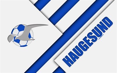 FK Haugesund, 4k, logo, material design, Norwegian football club, emblem, blue-white abstraction, Eliteserien, Haugesund, Norway, football, geometric background, Haugesund FC