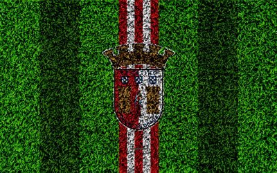 Braga FC, 4k, logo, football lawn, Portuguese football club, red white lines, Primeira Liga, Braga, Portugal, football, SC Braga