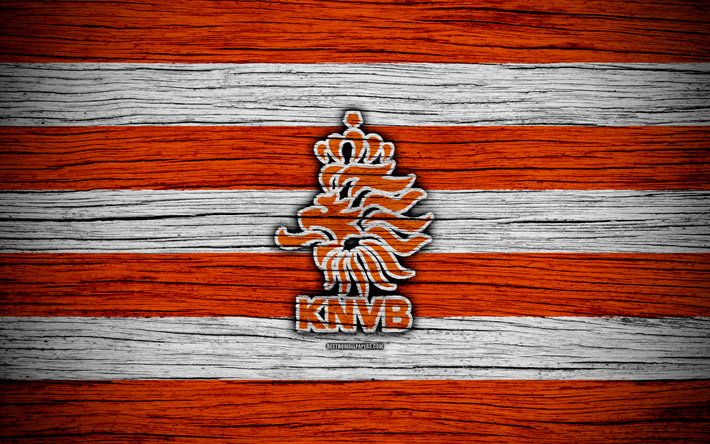 4k, Netherlands national football team, logo, UEFA, Europe, football, wooden texture, soccer, Netherlands, European national football teams, Netherlands Football Federation