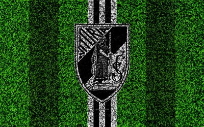 Vitoria Guimaraes SC, 4k, logo, football lawn, Portuguese football club, black and white lines, Primeira Liga, Guimaraes, Portugal, football, Vitoria FC