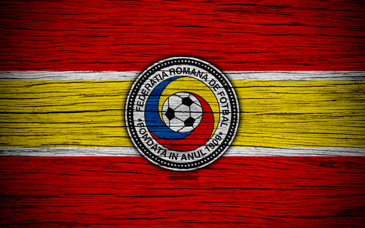 4k, Romania national football team, logo, UEFA, Europe, football, wooden texture, soccer, Romania, European national football teams, Romanian Football Federation