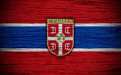 4k, Serbia national football team, logo, UEFA, Europe, football, wooden texture, soccer, Serbia, European national football teams, Serbian Football Federation