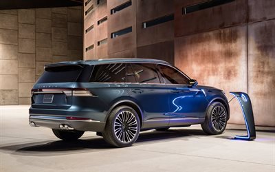 Lincoln Aviator, 2018, 4k, rear view, exterior, electric SUV, luxury cars, new blue Aviator, elecrocar charging, American cars, Lincoln