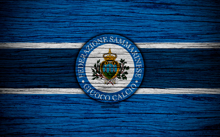 4k, San Marino national football team, logo, UEFA, Europe, football, wooden texture, soccer, San Marino, European national football teams, San Marino Football Federation