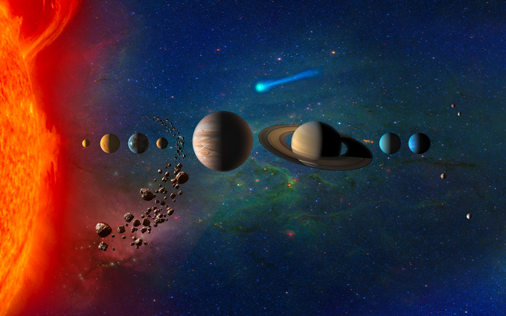 4k, sistema solar, galaxia, &#243;rbita, Sol, Tierra, Marte, Venus, J&#250;piter, Plut&#243;n, Mercurio, Saturno, Urano, Neptuno planetas