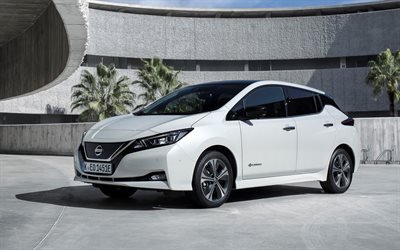 Nissan Leaf, 2018, 4k, white hatchback, electric car, exterior, new white Leaf, Japanese cars, Nissan