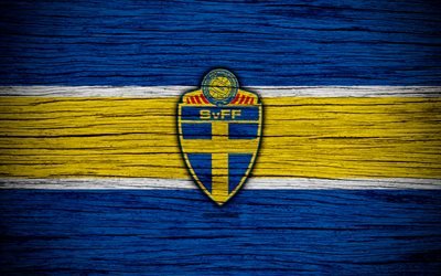 4k, Sweden national football team, logo, UEFA, Europe, football, wooden texture, soccer, Sweden, European national football teams, Swedish Football Federation