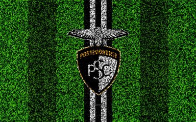 Portimonense SC, 4k, شعار, كرة القدم العشب, البرتغالي لكرة القدم, البيضاء خطوط سوداء, الدوري الأول, بورتيماو, البرتغال, كرة القدم, Portimonense FC