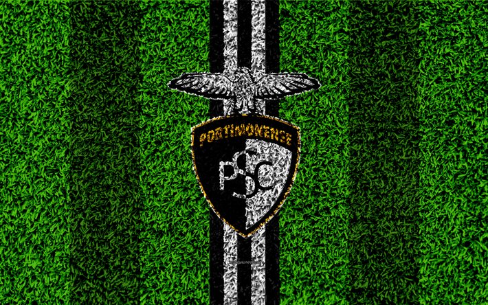 Portimonense SC, 4k, logo, football lawn, Portuguese football club, white black lines, Primeira Liga, Portimao, Portugal, football, Portimonense FC