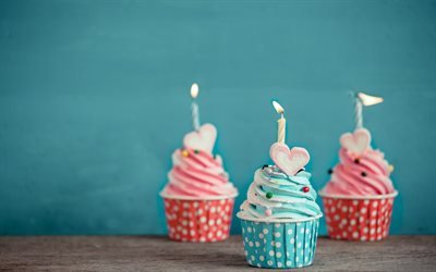 Birthday, festive cupcakes, candles, holiday, cakes, happy birthday