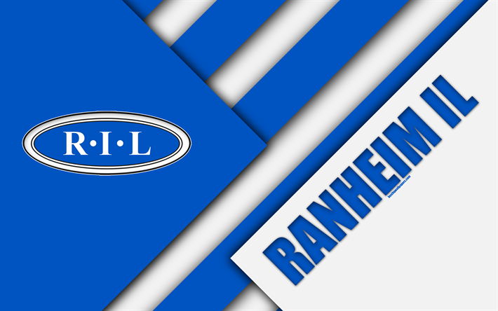 Ranheim IL, 4k, logo, materiaali suunnittelu, Norja jalkapalloseura, tunnus, sininen valkoinen abstraktio, Eliteserien, Ranheim, Norja, jalkapallo, geometrinen tausta, Ranheim FC