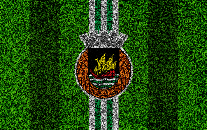 O Rio Ave FC, 4k, logo, futebol gramado, Portuguesa futebol clube, branco verde linhas, Primeira Liga, Vila do Es, Portugal, futebol