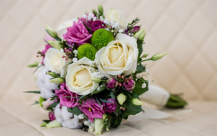 wedding bouquet, 4k, white roses, purple roses, bridal bouquet, roses, wedding