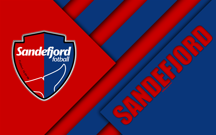 Sandefjord FC, 4k, logo, material design, Norwegian football club, emblem, red blue abstraction, Eliteserien, Sandefjord, Norway, football, geometric background
