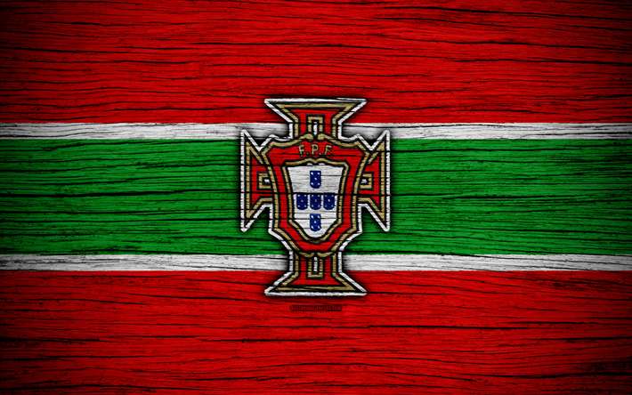 4k, Portugal national football team, logo, UEFA, Europe, football, wooden texture, soccer, Portugal, European national football teams, Portuguese Football Federation