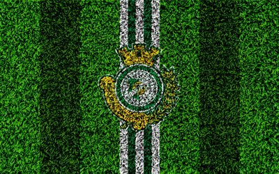 Vitoria Setubal FC, 4k, logo, football pelouse, portugais, club de football, blanc, vert lignes, Primeira Liga, Setubal, au Portugal, en football