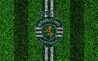 Sporting CP, 4k, logo, football lawn, Portuguese football club, green white lines, Primeira Liga, Lisbon, Portugal, football, Sporting FC