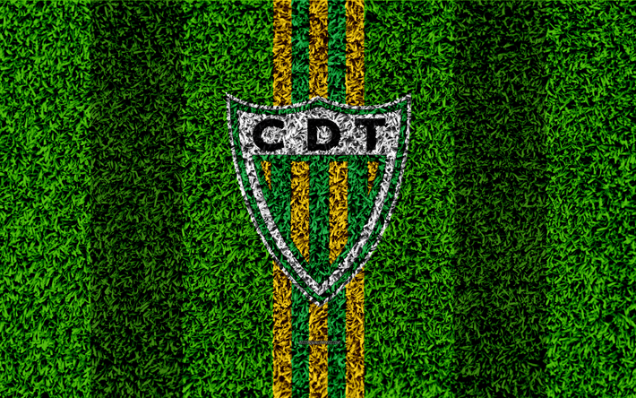 CD Tondela FC, 4k, logo, football lawn, Portuguese football club, green yellow lines, Primeira Liga, Tondela, Portugal, football