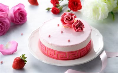 pink cake, birthday, red roses from cream, sugar roses, pastries, sweets, cakes