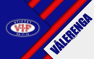 Valerenga FC, 4k, logo, material design, Norwegian football club, emblem, blue-white abstraction, Eliteserien, Oslo, Norway, football, geometric background
