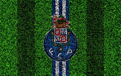 FC Porto, 4k, logo, football lawn, Portuguese football club, blue white lines, Primeira Liga, Porto, Portugal, football