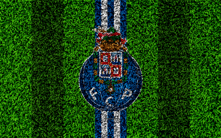 FC Porto, 4k, logo, jalkapallo nurmikko, Portugali football club, blue white lines, Ensimm&#228;inen Liiga, Porto, Portugali, jalkapallo
