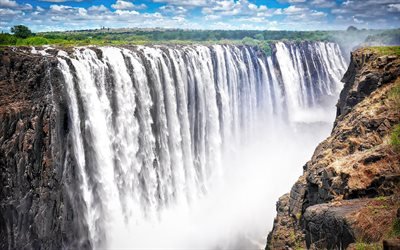 Victoria Falls, 4k, cachoeira, Rio Zambeze, rochas, Zimb&#225;bue, &#193;frica