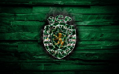 Sporting FC, burning logo, Primeira Liga, green wooden background, portuguese football club, Sporting CP, grunge, football, soccer, Sporting logo, Lisbon, Portugal