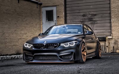 BMW M3, 2019, F80, Matte black M3, bronze wheels, sports coupe, M3 tuning, German sports cars, BMW