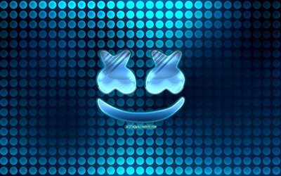 Marshmello blue logo, creative, american DJ, glass logo, Christopher Comstock, Marshmello, blue abstract background, DJ Marshmello, DJs, Marshmello logo