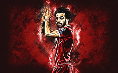 Mohamed Salah, Mısır futbolcu, Liverpool FC, forvet, futbol yıldızı, kırmızı taş arka plan, portre, futbol, İspanya Ligi, İngiltere