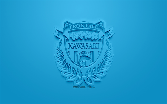 Kawasaki Frontale, yaratıcı 3D logosu, mavi arka plan, 3d amblem, Japon Futbol Kul&#252;b&#252;, J1 Lig Kawasaki, Japonya, 3d sanat, futbol, 3d logo şık