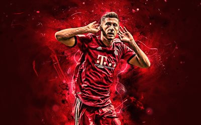 Robert Lewandowski, joy, Bayern Munich FC, personal celebration, Germany, polish footballers, striker, soccer, goal, Lewandowski, Bundesliga, neon lights