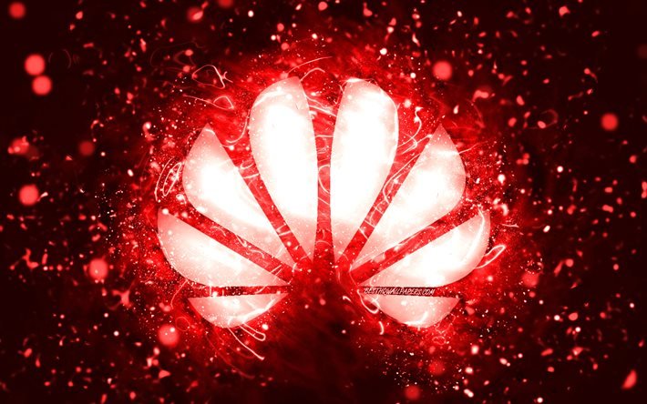 Huawei r&#246;d logotyp, 4k, r&#246;da neonljus, kreativ, r&#246;d abstrakt bakgrund, Huawei-logotyp, varum&#228;rken, Huawei