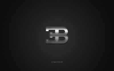 Bugatti-logo, hopeankeltainen logo, harmaa hiilikuitutausta, Bugatti-metallinen tunnus, Bugatti, automerkit, luovaa taidetta