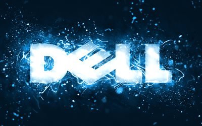 شعار Dell الأزرق, 4 ك, أضواء النيون الزرقاء, إبْداعِيّ ; مُبْتَدِع ; مُبْتَكِر ; مُبْدِع, خلفية زرقاء مجردة, شعار Dell, العلامة التجارية, ديل
